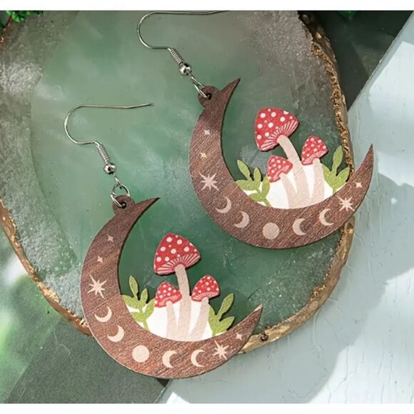 New! Adorable Groovy Crescent Moon Phases Mushroom Dangle Earrings! - Picture 1 of 1